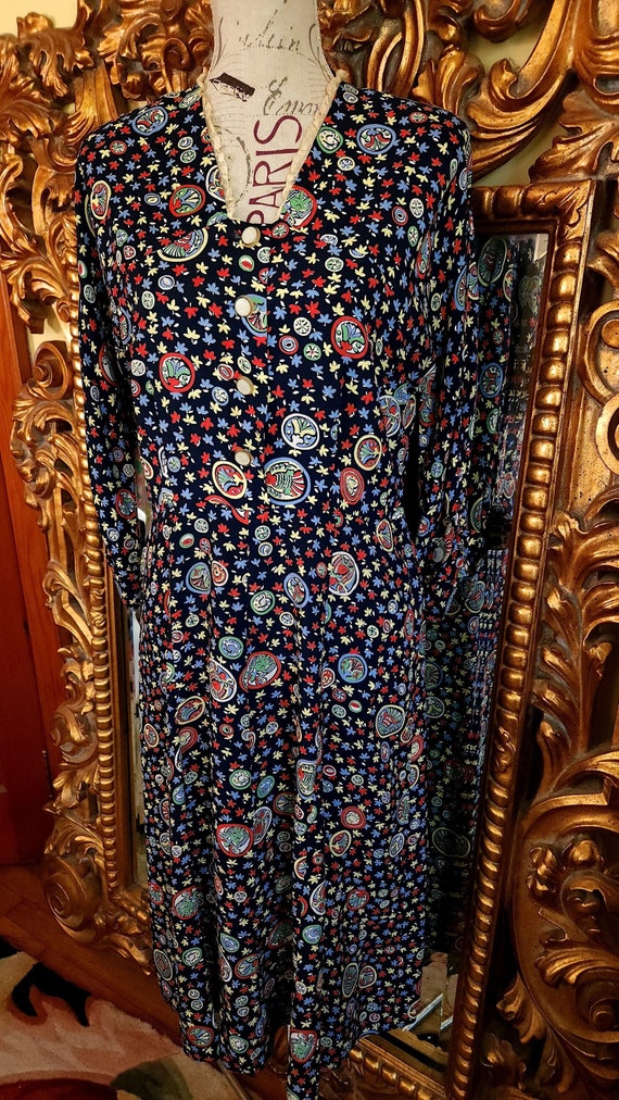 Vintage 40's Black Novelty Print Rayon Dress