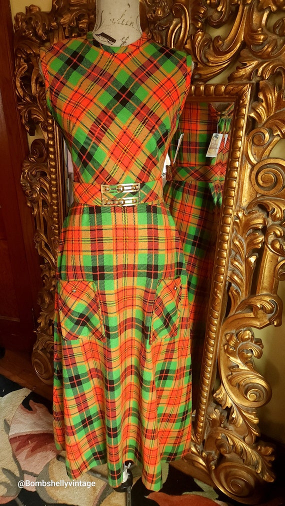 Vintage 70's Toni Todd Orange & Green Plaid Maxi D