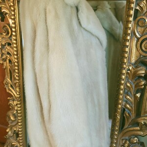 May include: A pale fur coat with a broad collar, displayed on a mannequin. A gold-framed mirror is in the background. The fur has a soft appearance and a subtle sheen, suggesting a high-quality material.