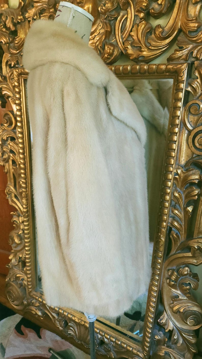 May include: A pale fur coat with a broad collar, displayed on a mannequin. A gold-framed mirror is in the background. The fur has a soft appearance and a subtle sheen, suggesting a high-quality material.