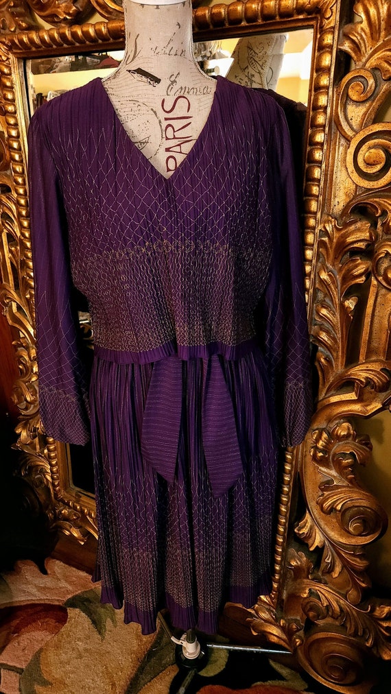 Vintage 70's Purple and Gold Pleated Dress