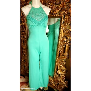 Vintage 70&#39;s JC Penneys Fashions Mint Green Polyester Halter Jumpsuit with Macrame Details
