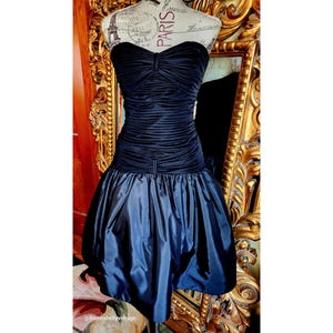 Vintage 80&#39;s Designer Morton Myles for The Warrens Black Ruched Drop Waist Strapless Cocktail Dress