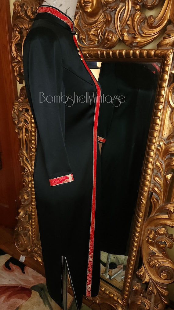 Vintage 80's Black Satin Cheongsam Dress with Red… - image 2