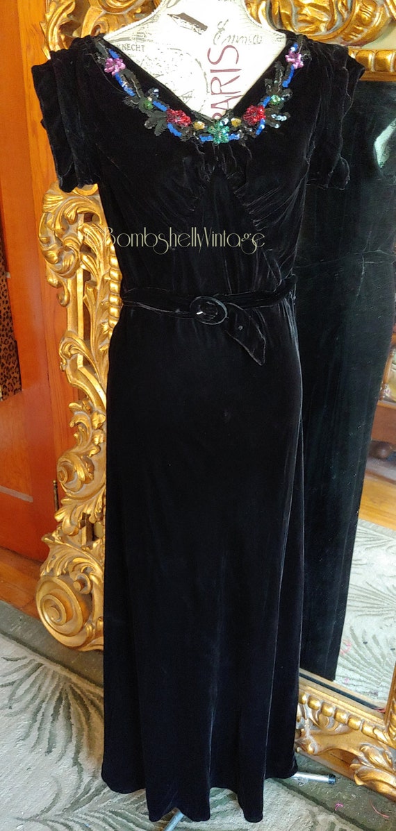 Vintage 1930's Black Velvet Bias Cut Sequin Gown a