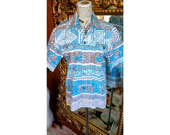 Vintage 60s Liberty Print Hawaiian Shirt: Cotton Barkcloth Safari Style