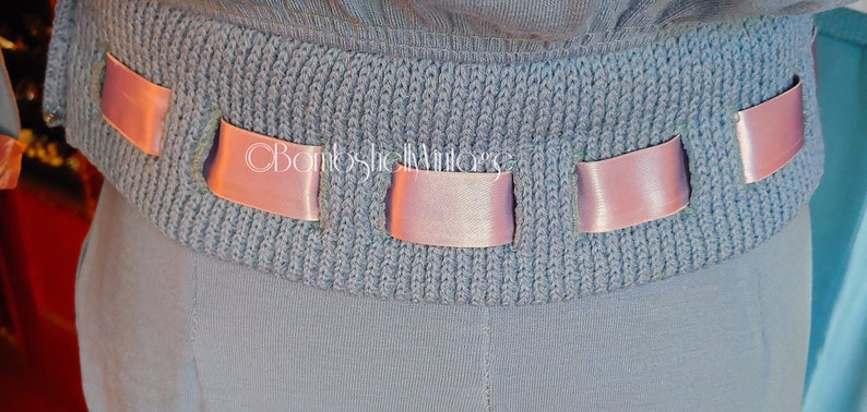 Vintage 50/'s Light Blue Wool 2 piece Sweater Skirt Set with Pink Satin Collar and Ribbon Trim