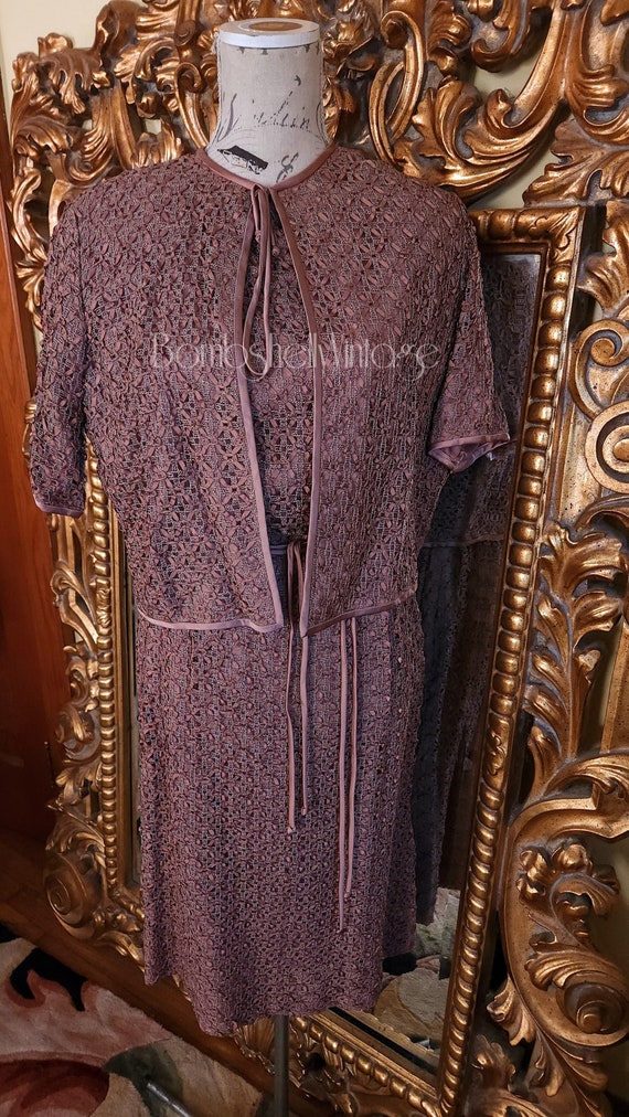 Vintage 50's Brown Satin Ribbonette Dress Set XL - image 1