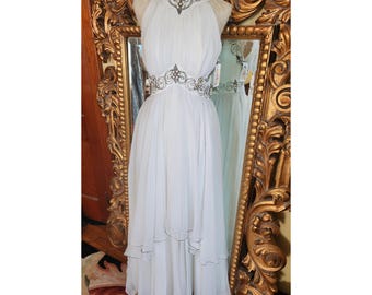 Vintage 60's Mike Benet Formals White Chiffon Beaded Goddess Gown