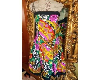 Vintage 80er Jahre A.J. Bari Mixed Pattern Trägerloses Seidenkleid