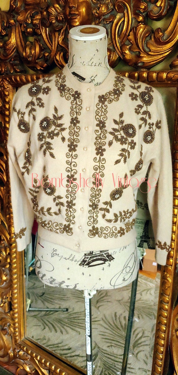 Vintage NOS 50's Beige Bronze Beaded Cardigan