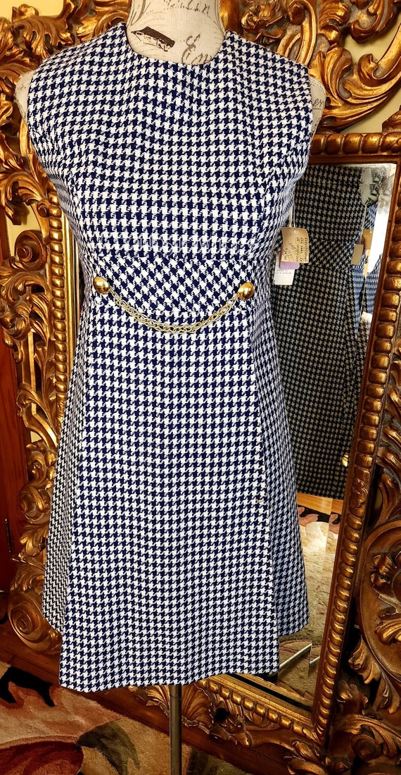 Vintage 60's Navy Blue Houndstooth Sheath Dress w… - image 1