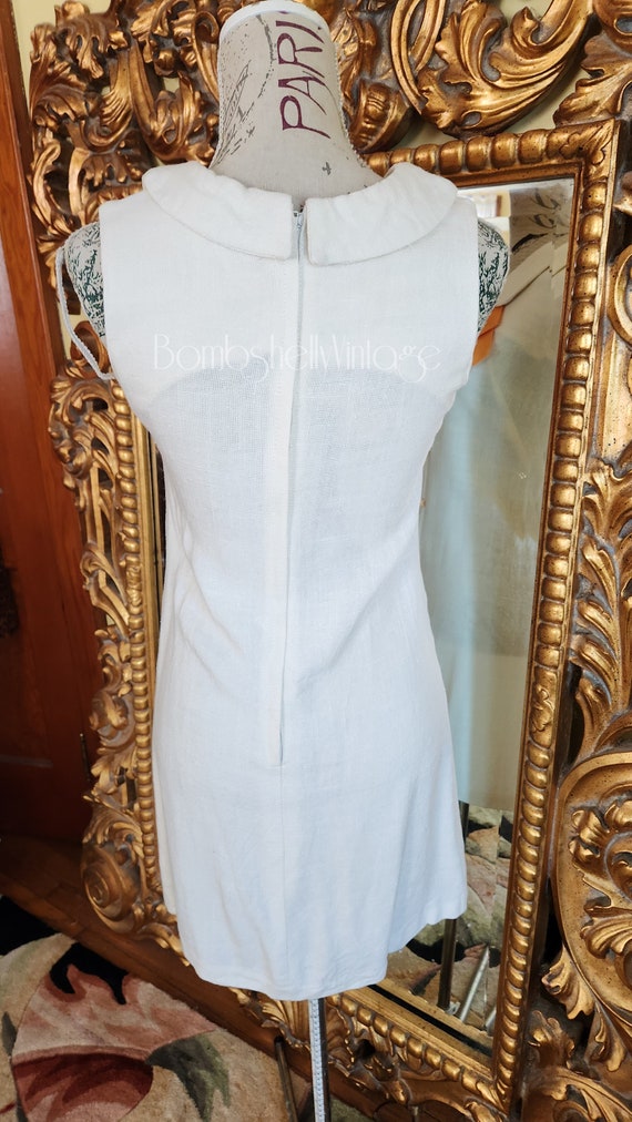 Vintage 60's White Cotton Linen Sheath Dress with… - image 3