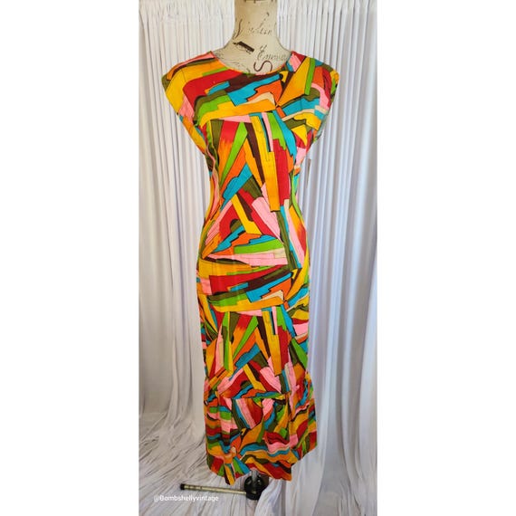 cotton mermaid dress Vintage 60's Hawaiian Dress: Screen Printed Abstract Print Ankara Size:Only Dress & Hat 3-6 Months Launchdate:2025-03-13 one shoulder bodycon dress Designed in a navy