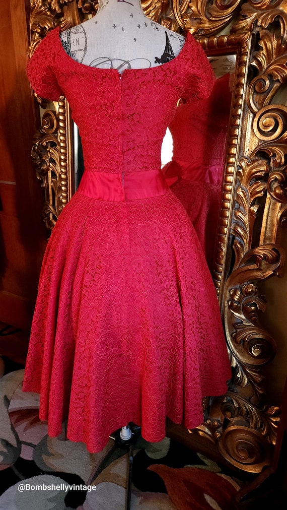 Vintage 50's Red Lace Fit and Flare Party Dress - image 3