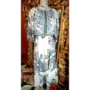 Vintage 70's Right Track White and Blue Paisley Maxi Dress Deadstock