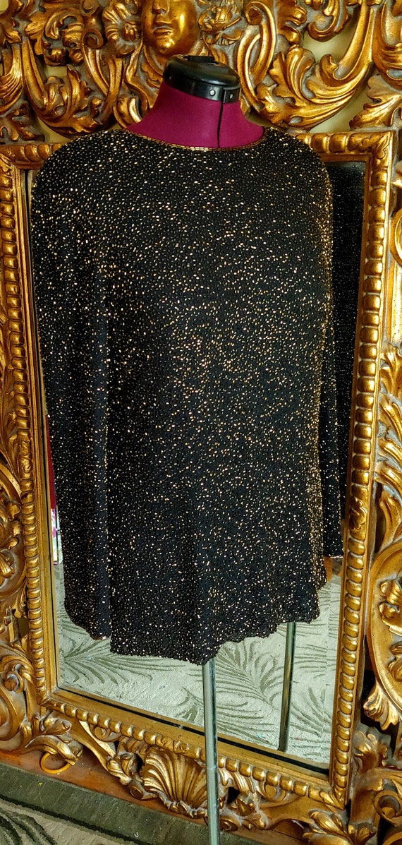 Vintage 80's Bieff Basix Black Silk Gold Beaded T… - image 2