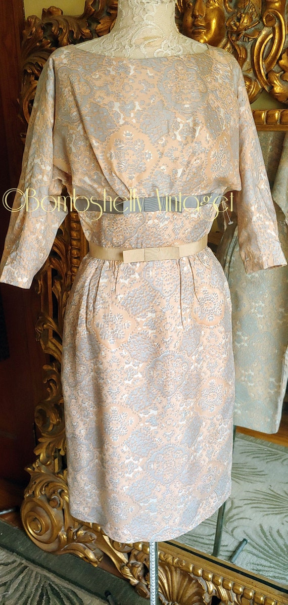 Vintage 50's Mr. Mort Peach and Gray Wiggle Dress… - image 1