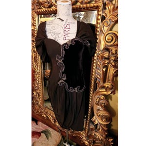 Vintage Designer Odicini Couture Brown Silk & Velvet Beaded Cocktail Dress with Draped Back