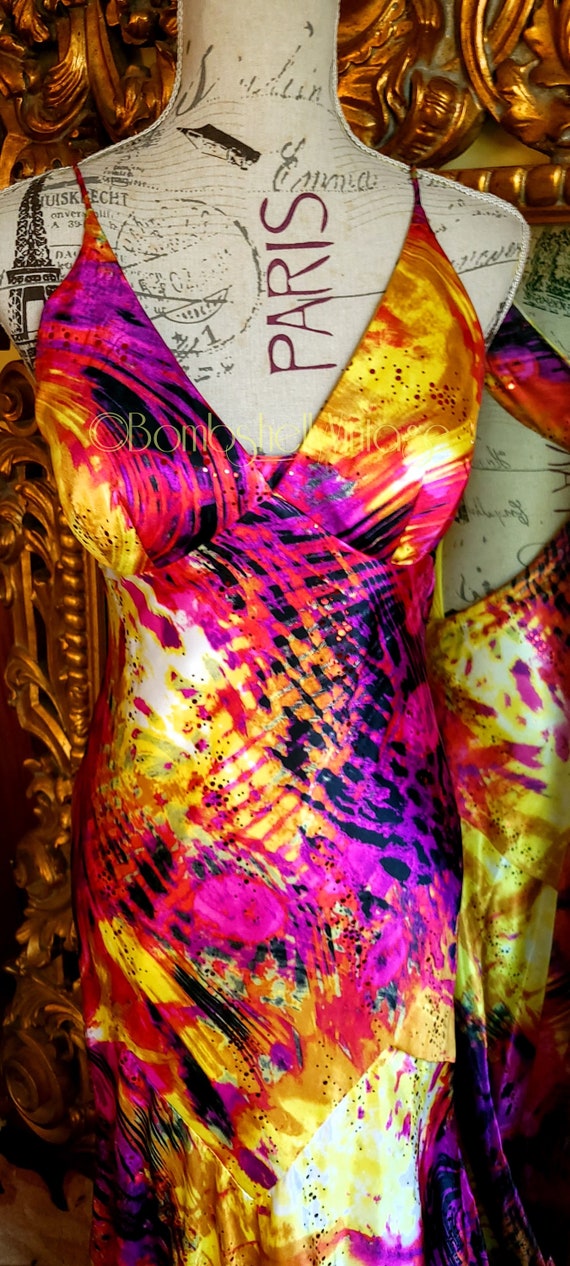 Vintage 90's Caché Sexy Low Back Vibrant Print Go… - image 3