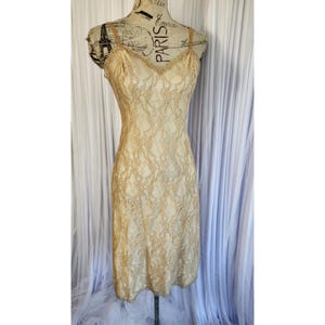 Vintage 60&#39;s Van Raalt Gold & Beige Lace Sheath Slip Dress with Side Zipper
