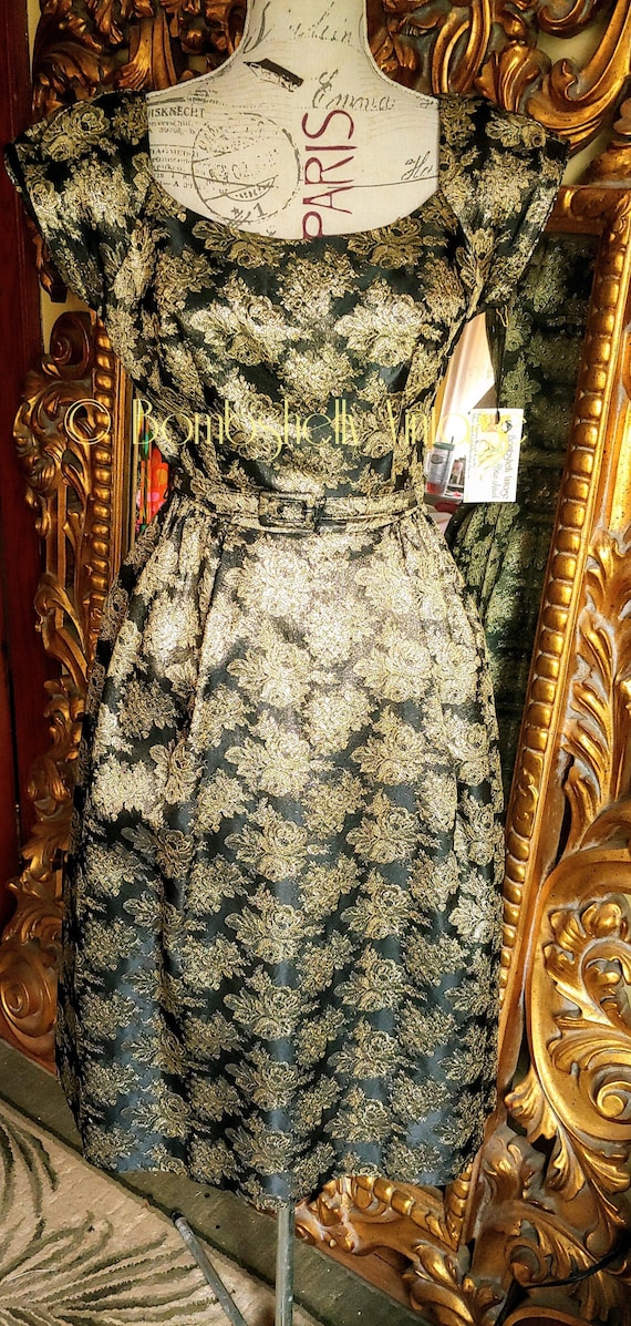 Vintage 50's Black and Gold Floral Party Dress