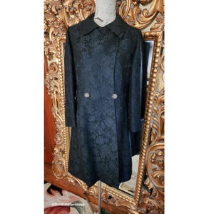 Vintage 60&#39;s Hanbury Ltd. Black Brocade Dress Coat with Clear Rhinestone Buttons