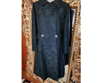Vintage 60's Hanbury Ltd. Black Brocade Dress Coat with Clear Rhinestone Buttons