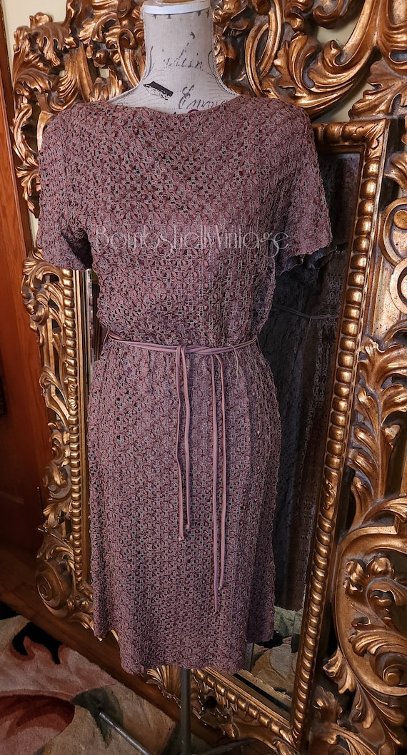 Vintage 50's Brown Satin Ribbonette Dress Set XL - image 2
