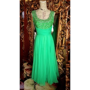 Vintage 60&#39;s Mike Benet Green Chiffon Beaded Formal Gown