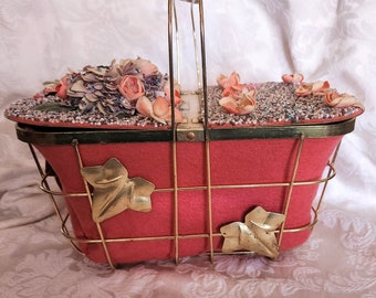 Vintage 50's Jolles Original for I Magnin Co Beaded Gold Metal Cage Handbag with Pink Felt Lining and Silk Flowers