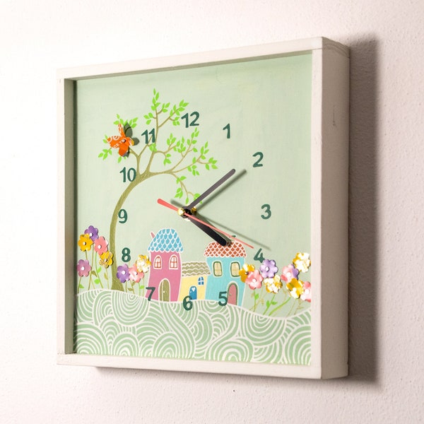 Orologio "FARFALLE", Cameretta, Bambini, Kids, Wall clock, Orologio da parete, Farfalla, Fiori, Campagna, Camera bambini