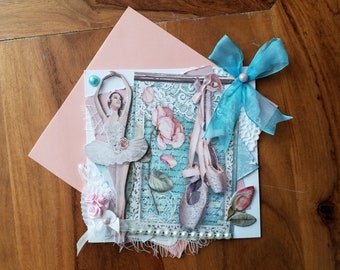 Carte de fête des mères,  anniversaire, carte faite main, 3D, carte en français, carte shabby chic, carte avec danseuse