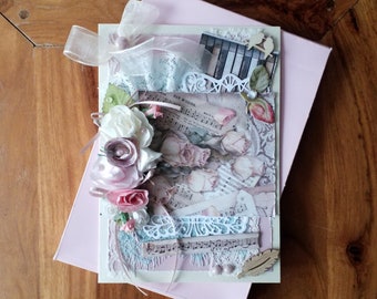 Grande carte avec sa boîte , fête des mères, anniversaire femme, faite main, 3D,  carte en français,  carte shabby chic, carte avec fleurs