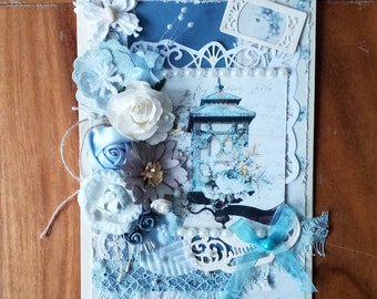 Grande carte de fête des mères, anniversaire femme, faite main, 3D,  carte en français,  carte shabby chic, carte avec fleurs