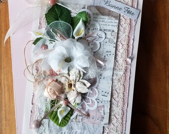 Grande carte de fête des mères, anniversaire femme, faite main, 3D,  carte en français,  carte shabby chic, carte avec fleurs