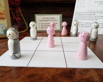 Jeu du morpion en bois, peg dolls, les 3 petits cochons et le loup, jeu tic,tac,toe, peint à la main, personnages d’histoire