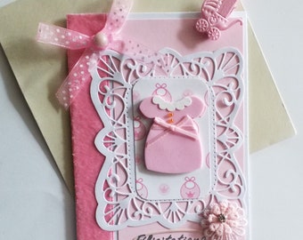 Carte de félicitations naissance,faite main, 3D, carte de voeux, naissance bébé fille,  carte premier anniversaire, carte en  français