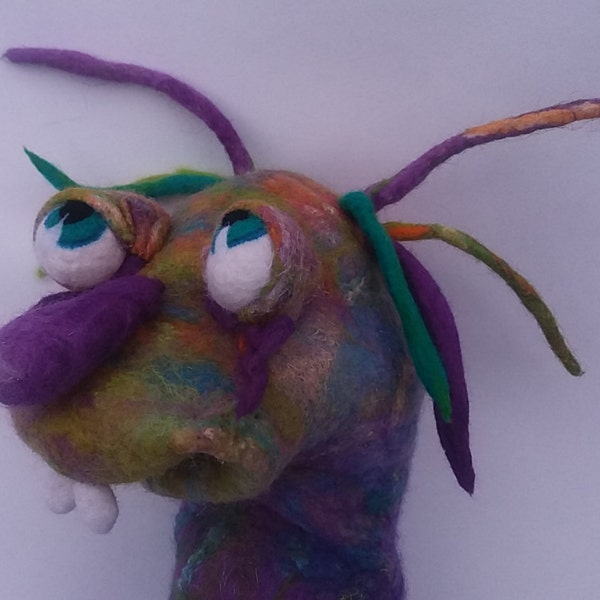 Felted Hand puppet - Dreadlocked multi-coloured Alien