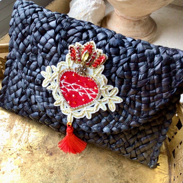 Pochette en raphia noir pour bijoux ou maquillage de style mexicain