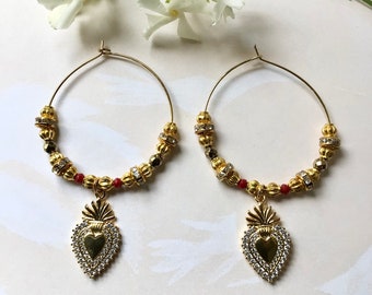 Boucles d’oreilles créoles cœur sacré d’inspiration mexicaine porte bonheur