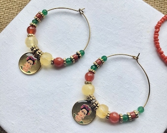 Boucles d’oreilles créoles * Frida Kahlo * en perles de pierres naturelles de citrines cornalines  et acier inoxydable doré