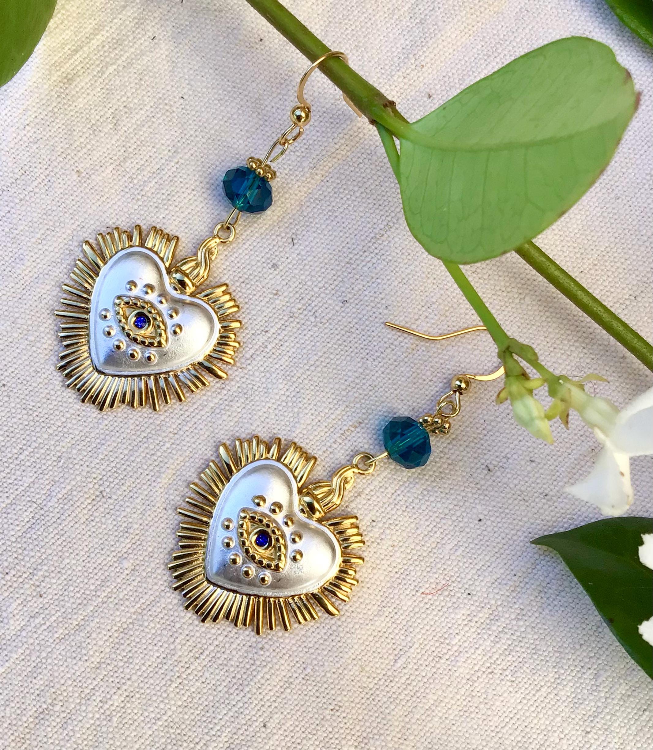 Boucles D'Oreilles Brisure Œil D'Horus En Verre Bleu-Vert - Style Égyptien - Neuf Avec Étiquettes