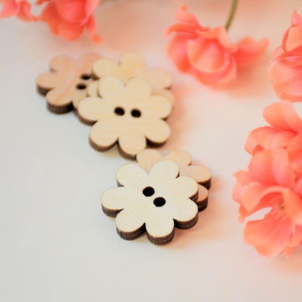 7/8" Wood Buttons, Flower Shaped Buttons, Flower Buttons, Wood Flower Buttons, Lasercut Buttons, Decorative Buttons, Natural Accent Buttons