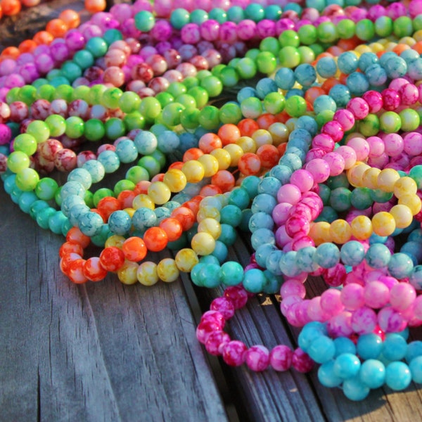 8mm Watercolor Patterned Glass Beads, Glass Beads Bulk, Unique Glass Beads, Painted Glass Beads, Candy Colored Beads, Jewelry Making