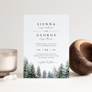 Pine Tree Wedding Invitation, Printable or Printed Forest Invitations, Woodsy Wedding Invite Set, Rustic Outdoor Winter Invite, Green, 942