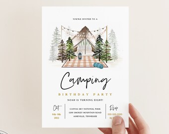Camping Birthday Party Invitation, Tent Sleepover Party, Yurt Glamping Invite, Instant Download, Editable Template, Digital Invite, Rustic