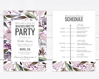 INSTANT DOWNLOAD BLUSH Bachelorette Party Invitation with Itinerary, Editable Text, Greenery, Pale Pink, Mauve, Hens Party, Timeline, DiY