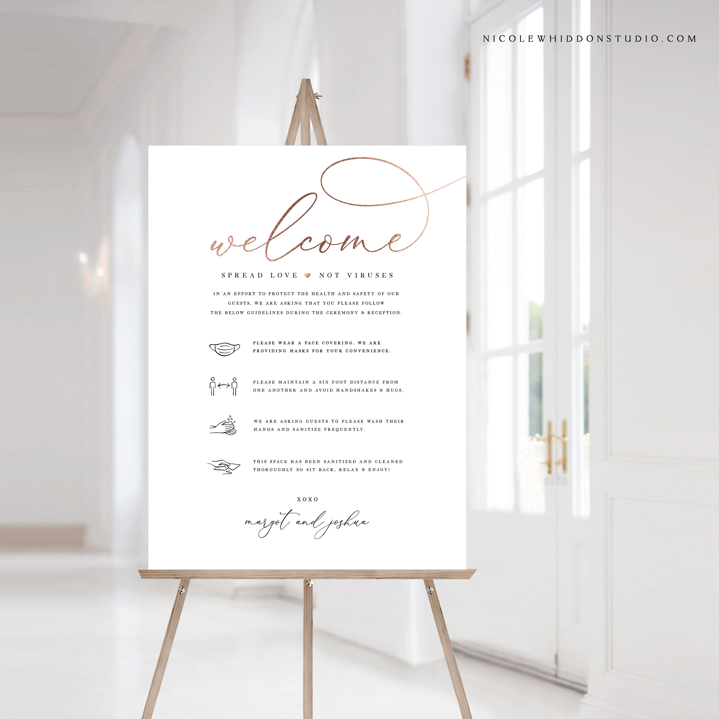 Covid Wedding Welcome Sign, Rose Gold Poster Sign Safety ...