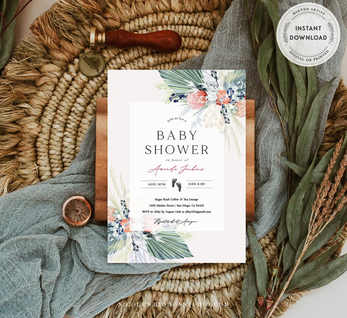 Pampas Grass Baby Shower Invitation Boho Girl Baby Shower Etsy UK